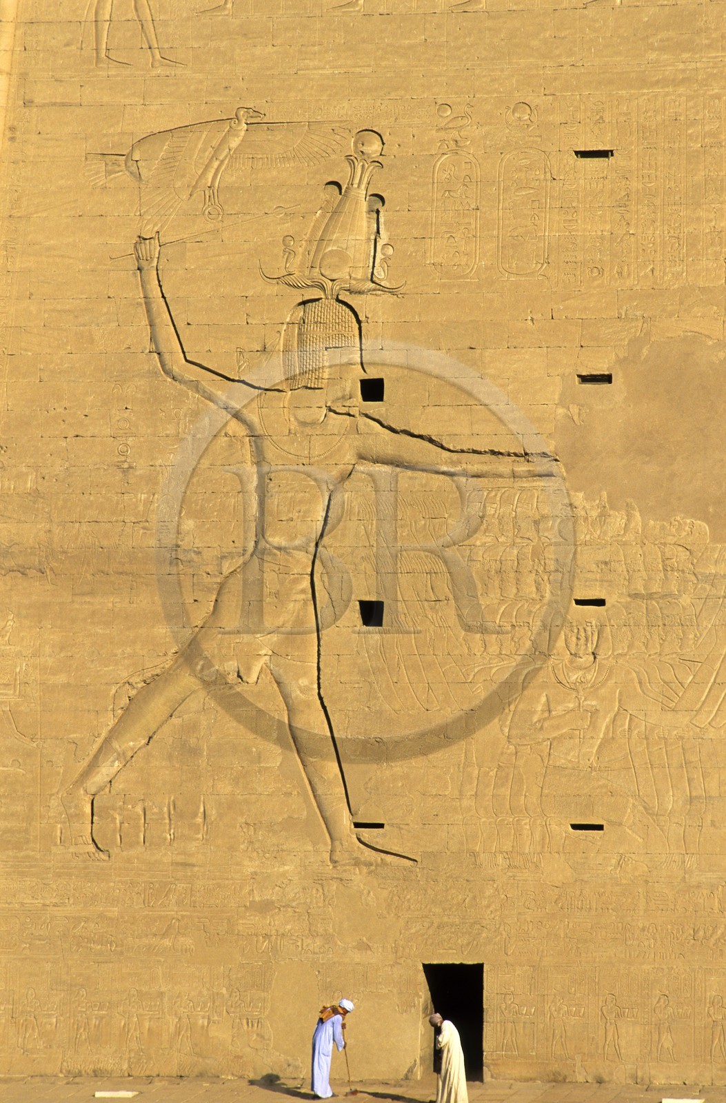 Egypte, vallée du Nil, temple d'Horus à Edfou, hiéroglyphe représentant le roi Horus sur le pylône d'entrée