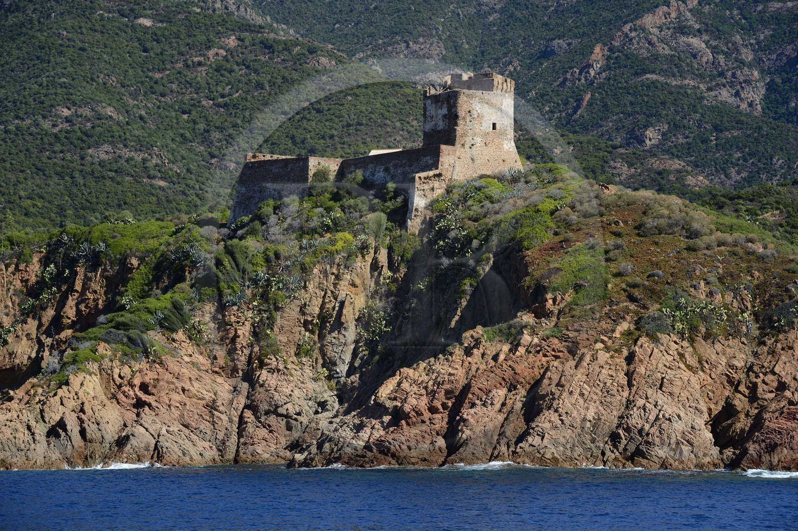 France, Corse du Sud, Golfe de Girolata, listed as World Heritage by UNESCO, Girolata in the municipality of Osani, fortress with a square Genoese tower