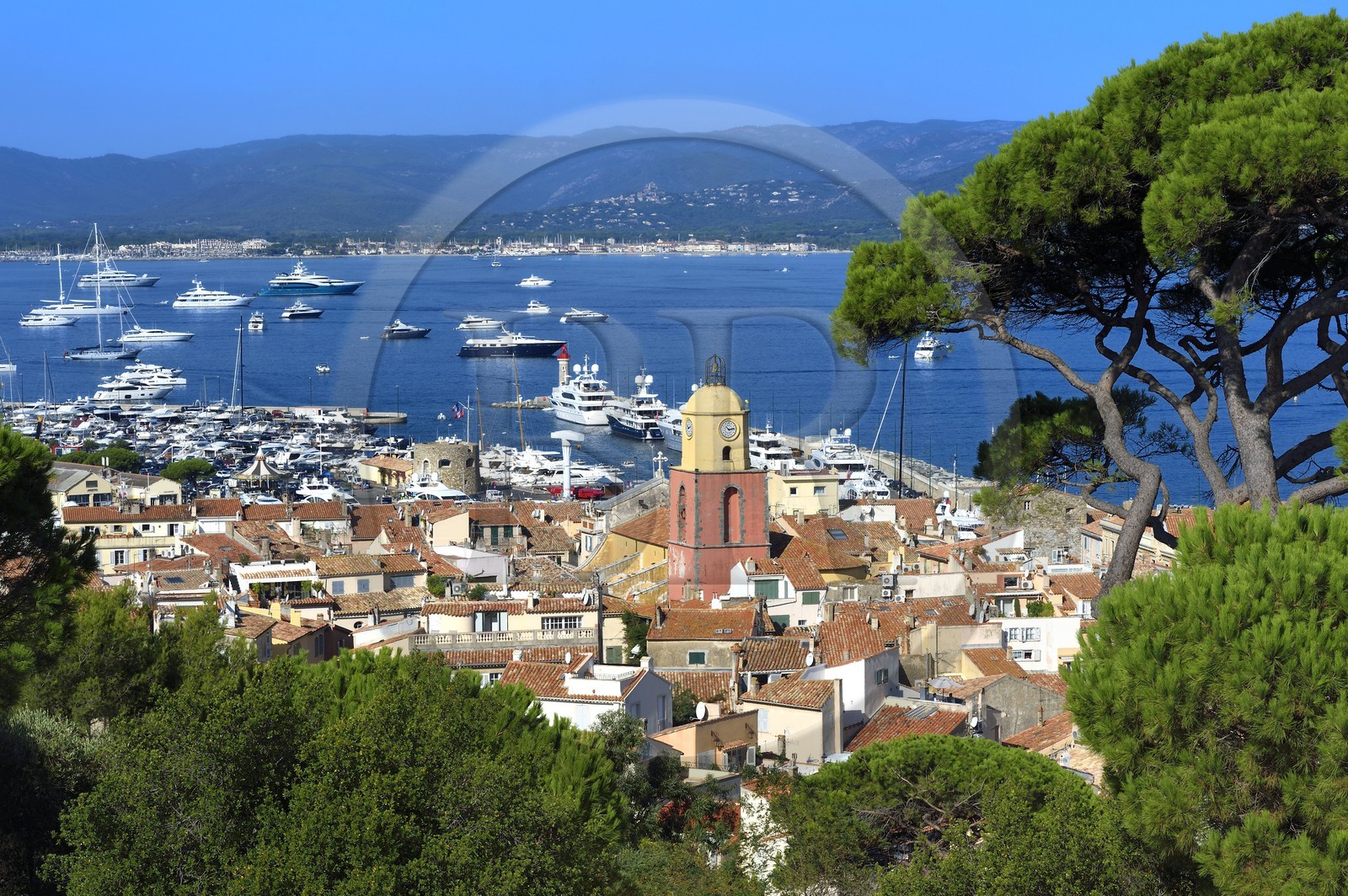 France, Var, Saint-Tropez, Notre Dame de l'Assomption parish church seen from the citadel, Grimaud in the background