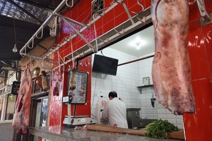 Morocco, High Atlas, Marrakech, Imperial city, Medina listed as World Heritage by UNESCO, butcher's stall in the souk