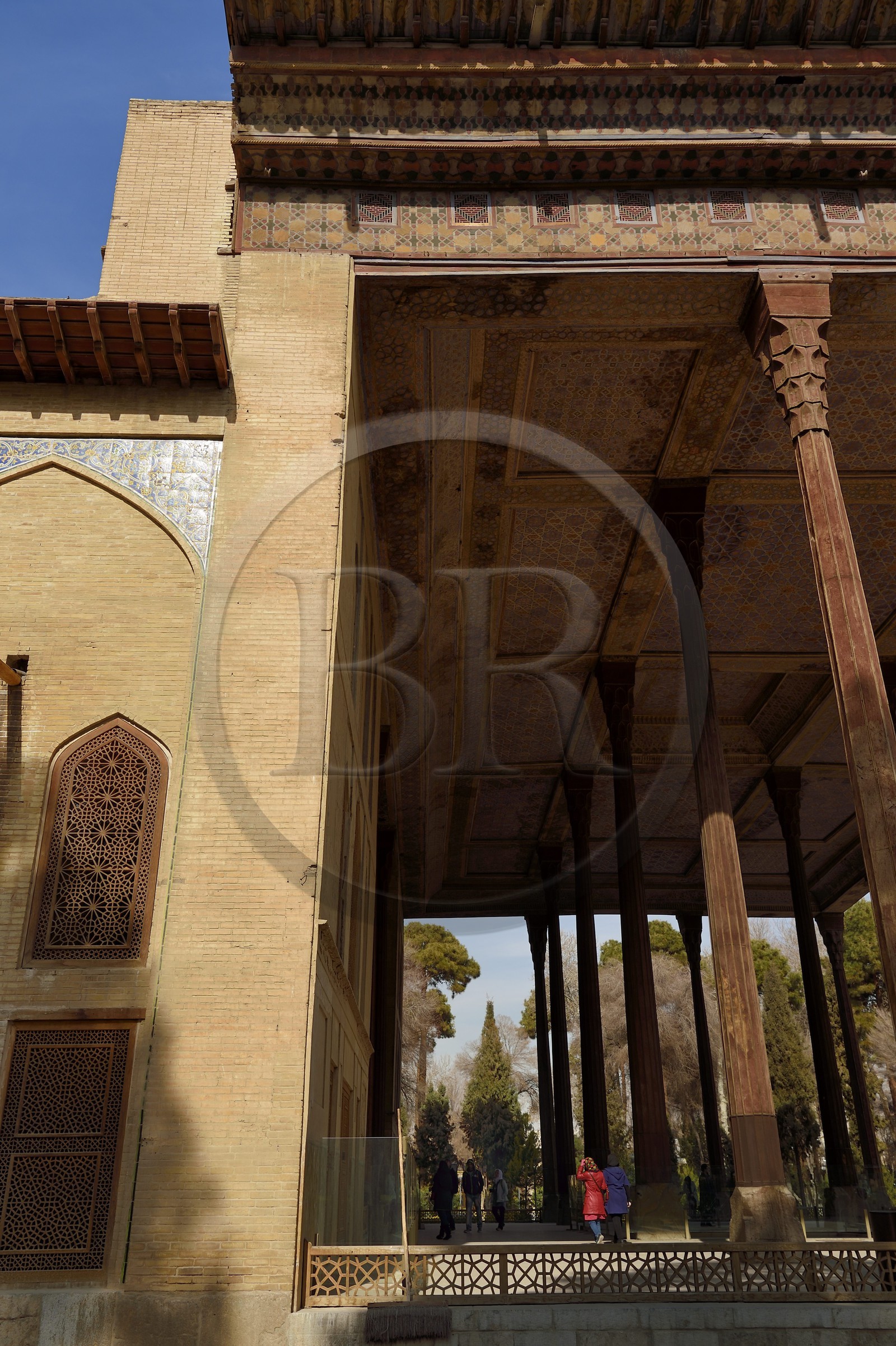 Iran, province d'Ispahan, Ispahan, le palais Chehel Sotoun (des 40 colonnes), classé Patrimoine Mondial de l'UNESCO, le talar