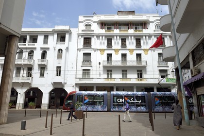 Morocco, Casablanca, Art Deco building on the avenue Hassan II and tram