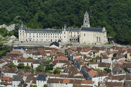 France, Dordogne, Brantome, Saint Pierre benedictine abbey along the Dronne river and the village (aerial view)