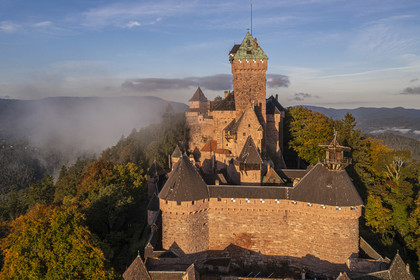 France, Bas Rhin, Orschwiller, Alsace Wine Road, Haut Koenigsbourg Castle on the Vosges foothills (aerial view)