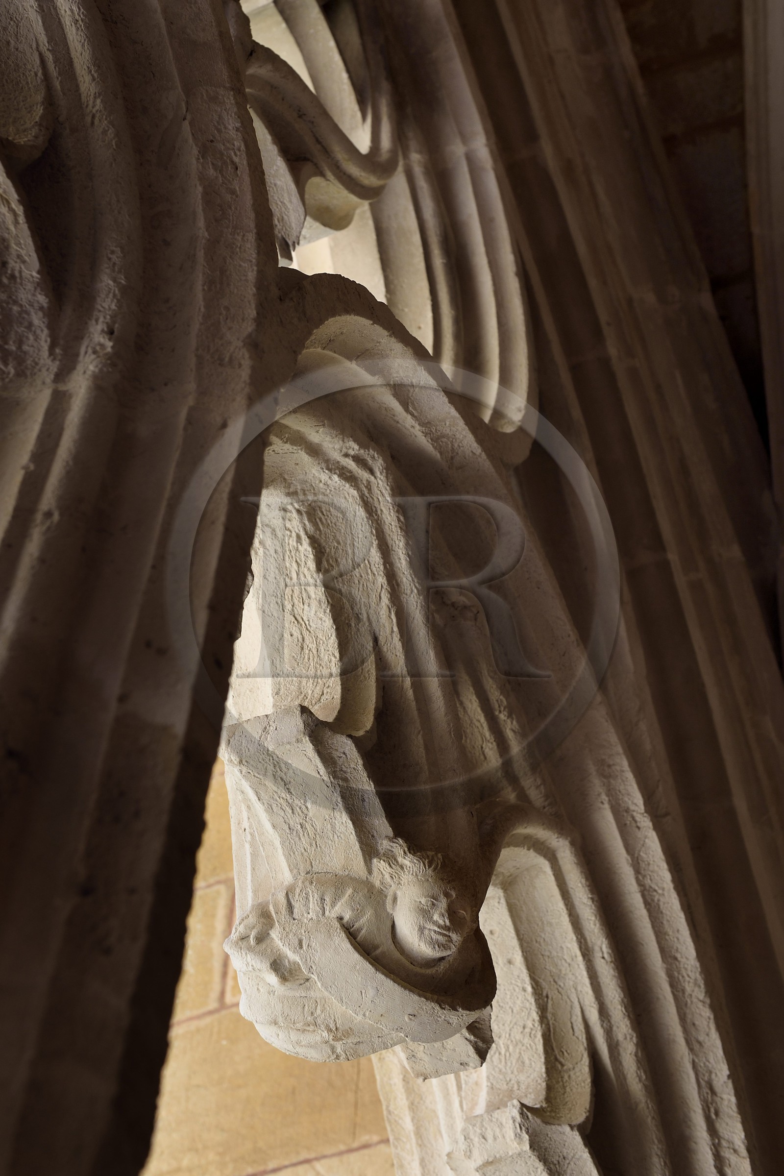 France, Dordogne,  Perigord Noir, Le Buisson de Cadouin, former cistercian abbey church, stage on the Camino de Santiago (Way of St. James) listed as World Heritage by UNESCO, the cloister of the 15th century, quaint figure