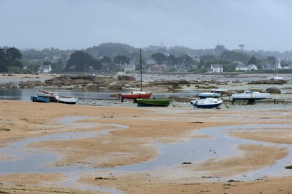 France, Côtes-d'Armor (22), Côte de Granit Rose, Trégastel, bateau échoués à marée basse