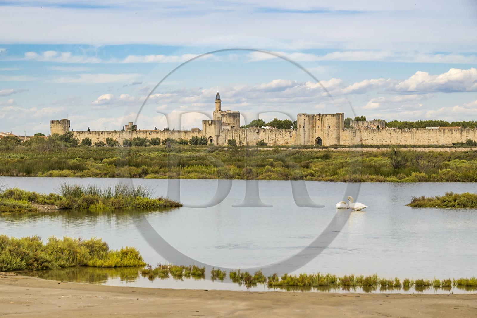 France, Gard (30), Aigues-Mortes, la ville médiévale entourée par ses remparts en bordure des marais salants (Salins du Midi)