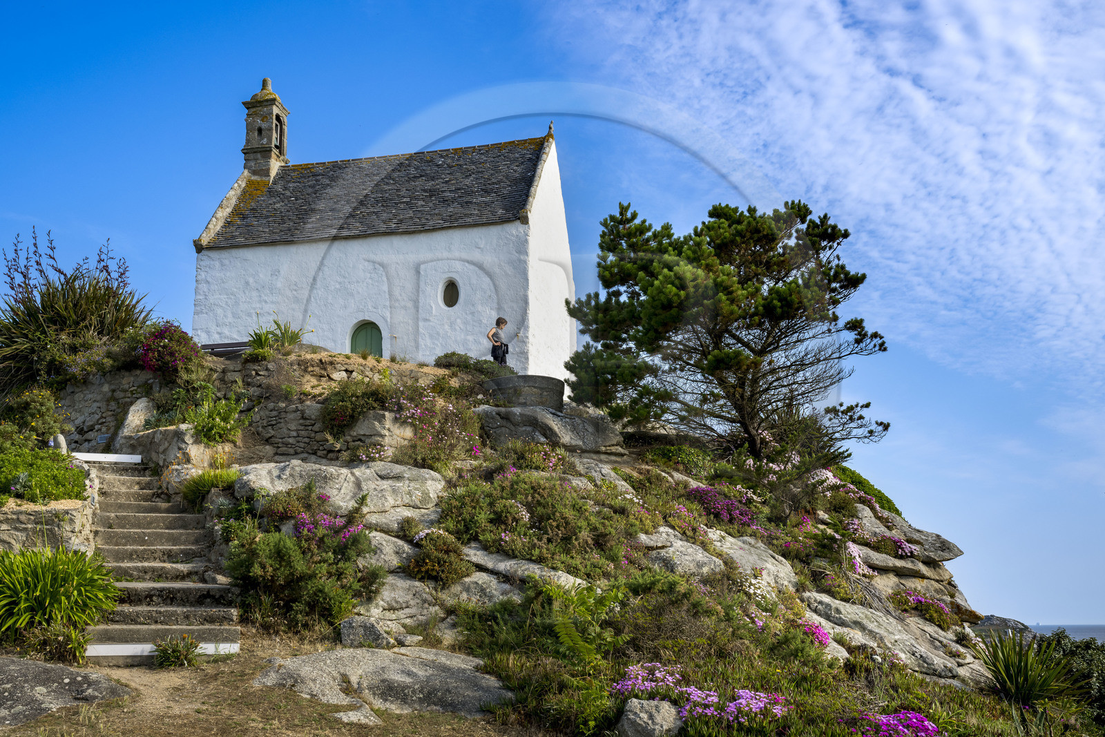 France, Finistère, Roscoff, stopover on the GR 34 hiking trail or coastal trail, the Sainte Barbe chapel at Pointe de Bloscon