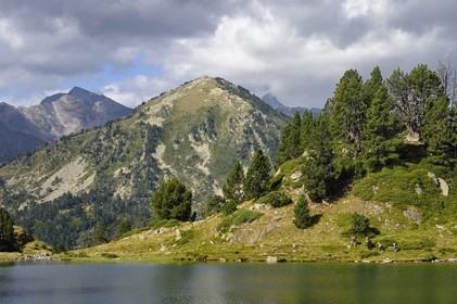 France, Hautes Pyrenees, Saint Lary Soulan and Vielle-Aure, hike on a variant of the GR10 between the Portet pass and the Bastan lakes on the edge of the Neouvielle nature reserve, lower Bastan lake and the Neouvielle massif in the background
