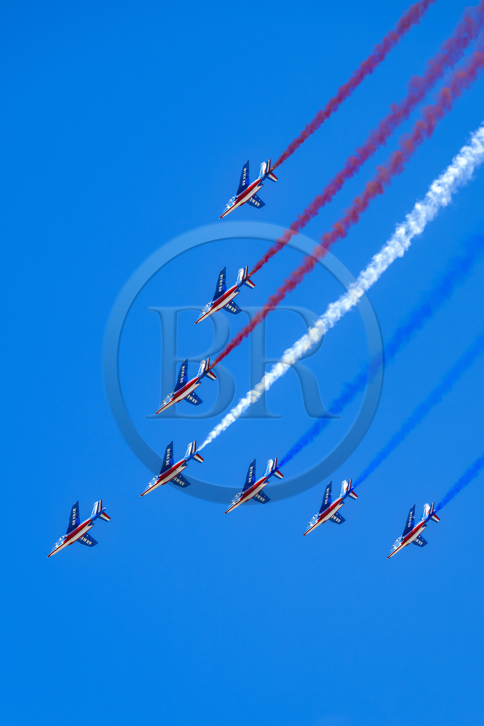 France, Bouches du Rhone, Salon de Provence, air base 701, base of the Patrouille de France (PAF for Patrouille acrobatique de France) of the French Air and Space Force, Alphajet aircraft flying in Very Large Arrow formation during training