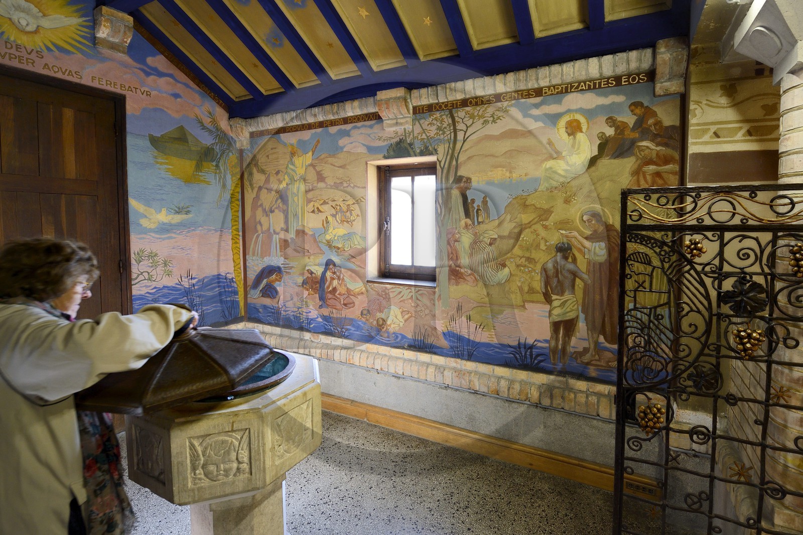 France, Marne, Reims, the Saint-Nicaise church built in 1923 in the Chemin Vert garden city, the baptistery in the chapel of the Virgin with a fresco by Maurice Denis