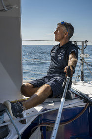 France, Vendee, Les Sables d'Olonne, skipper Manuel Cousin training on his 60-foot monohull sailboat IMOCA Coup de Pouce