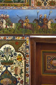 Azerbaijan, Shaki, Palace of Shaki Khans built in 1797 by Muhammed Hasan Khan, Khan's room, fresco depicting scenes of battles and cut heads on a spade