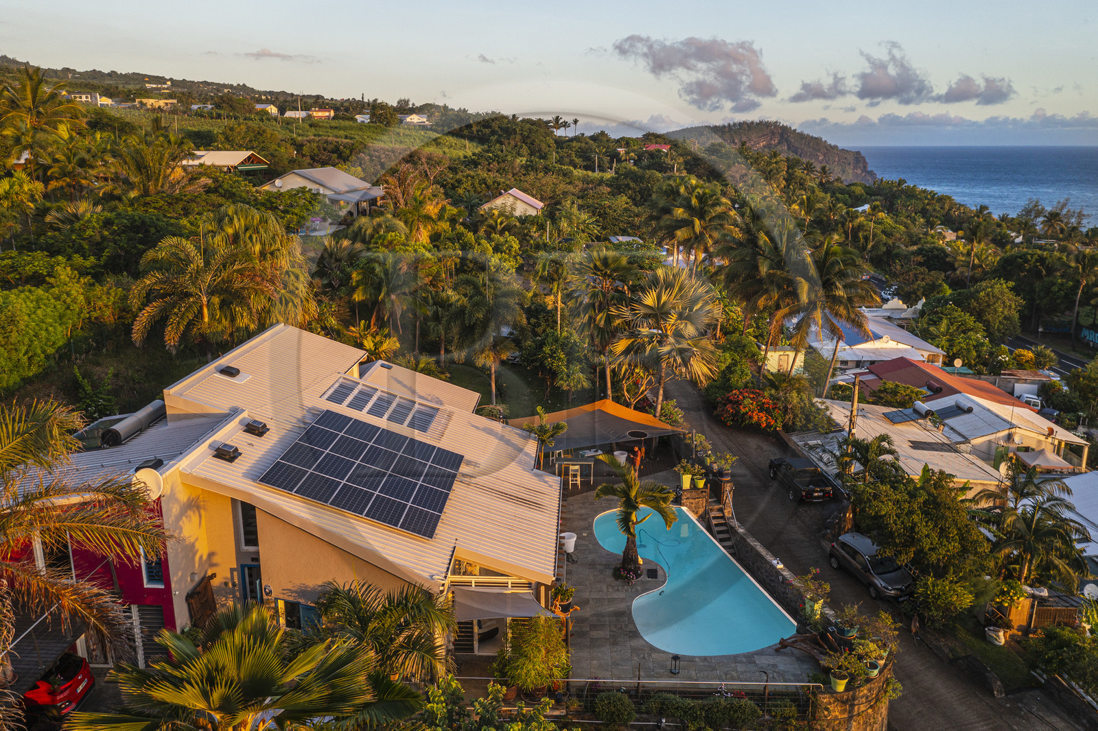 France, Reunion island (French overseas department), Petite-Ile, modern house (aerial view)