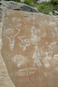 France, Alpes-Maritimes, parc national du Mercantour (Mercantour National Park), the Vallee des Merveilles (Valley of Wonders) scattered with thousands of rupestral engravings of the Bronze Age, rock engraved with hornlike figures, daggers, linear incisions and a graffiti from Battista Maro who is probably the shepherd who has the most left his mark on the site at the beginning of last century