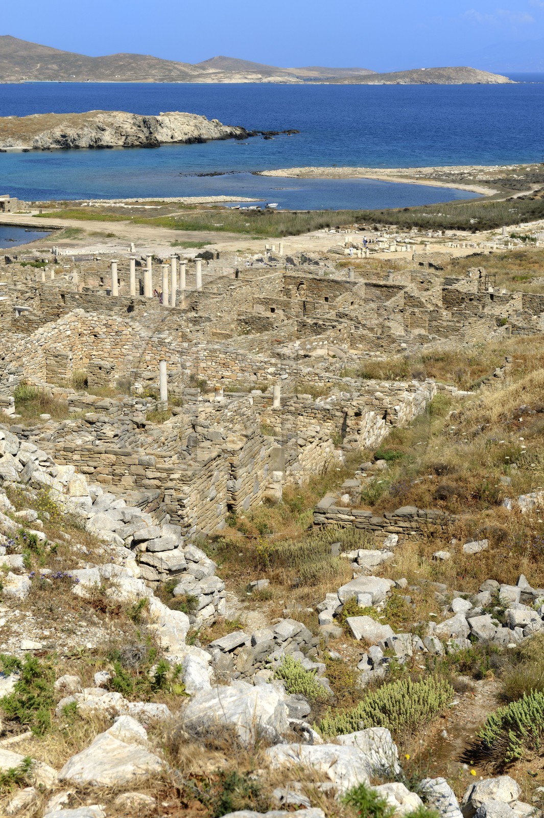 Grèce, île de Delos, classée Patrimoine Mondial de l'UNESCO, site archéologique de Délos, sanctuaire d'Apollon, la plus grande cité antique de la mer Egée, quartier du théatre