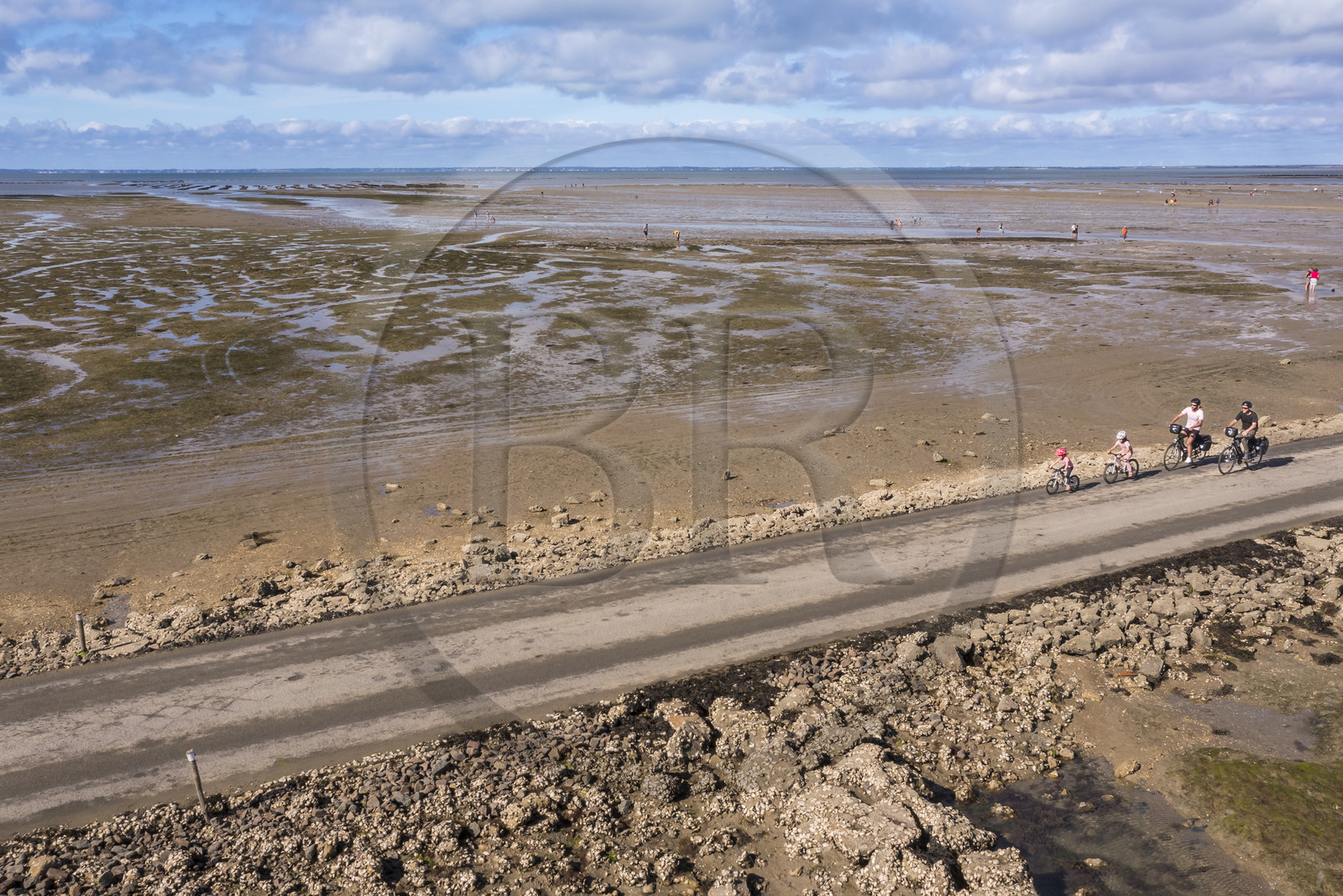 France, Vendée (85), île de Noirmoutier, Barbatre, cyclistes sur le passage du Gois, chaussée submersible qui relie l'île au continent à marrée basse (vue aérienne)