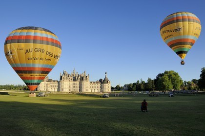 France, Loir et Cher, Loire Valley listed as World Heritage by UNESCO, Chateau de Chambord, air balloon taking off