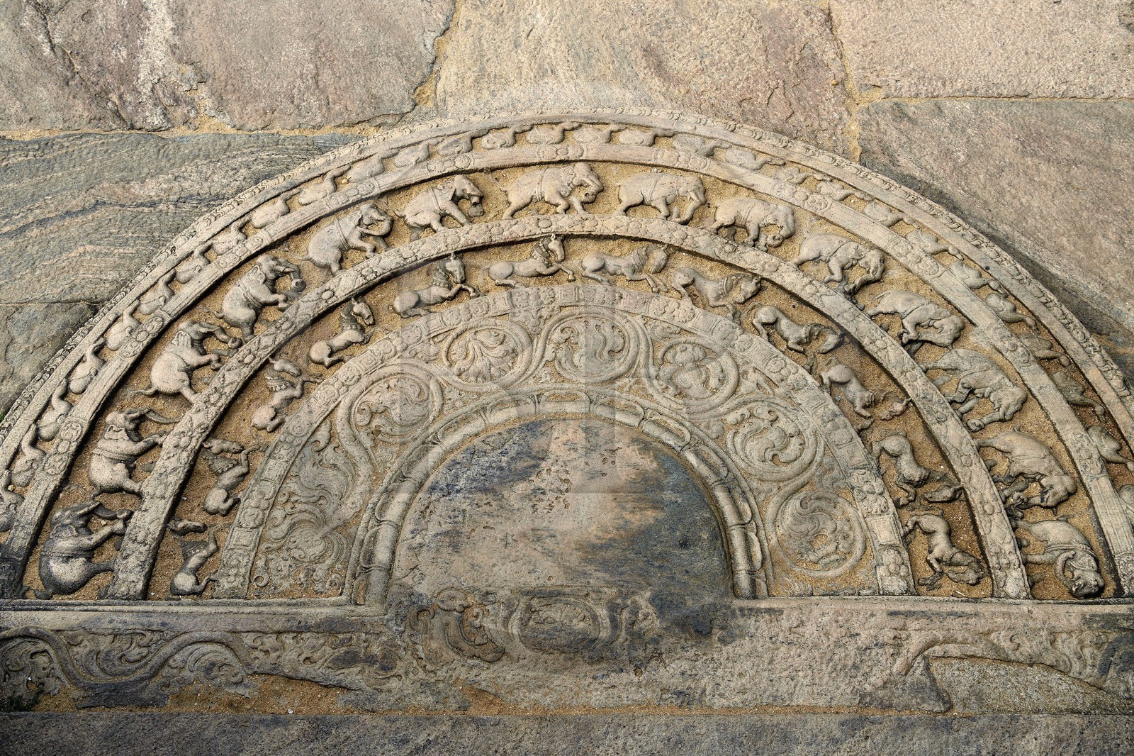 Sri Lanka,  North Central province, Polonnaruwa, the former capital of the country (11th to 13th century) listed as World Heritage by UNESCO,  terrace of the tooth's relic, semicircle moonstone (sandakada Pahana)