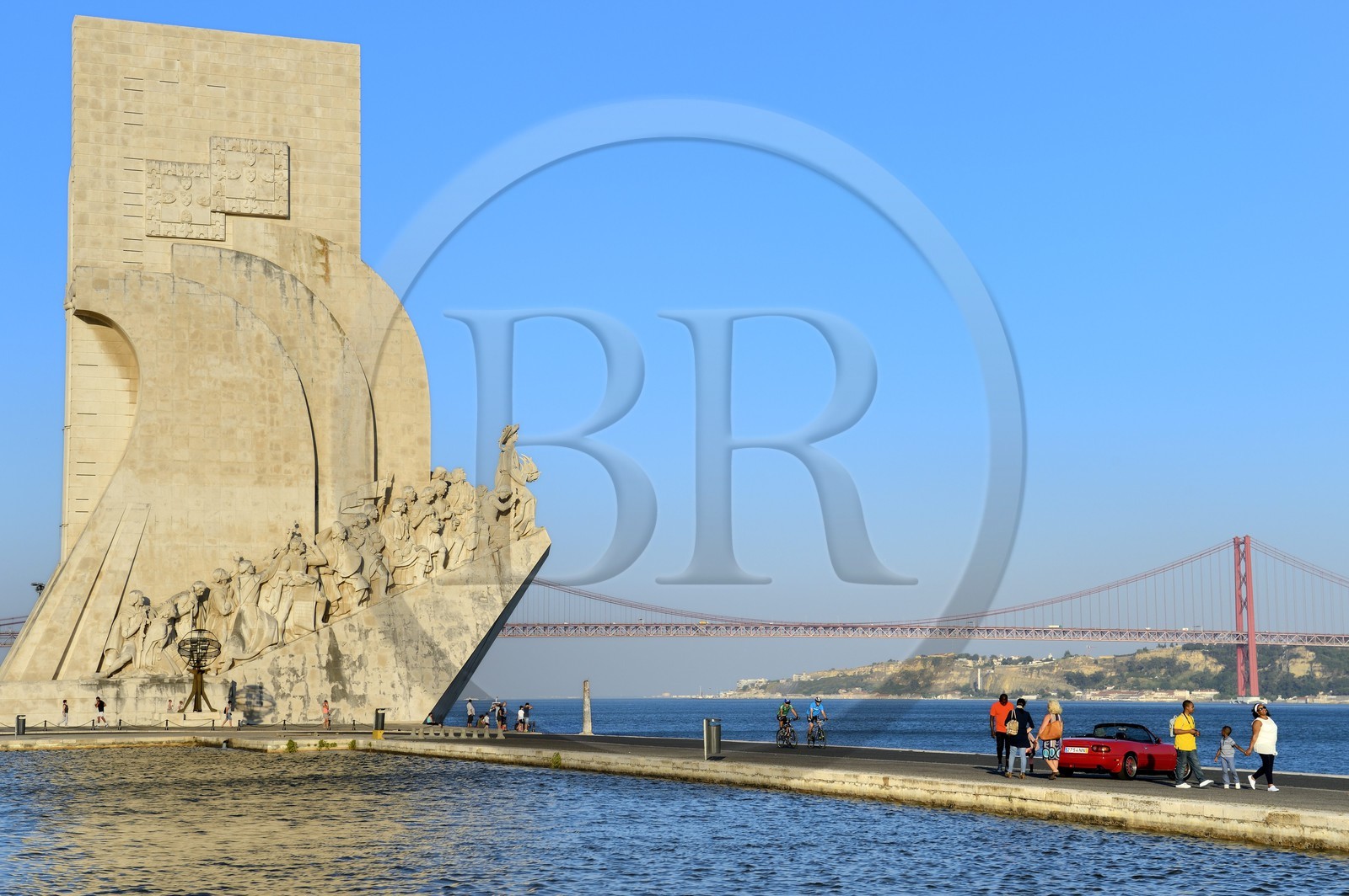 Portugal, Lisbon, Belem District, Padrao dos Descobrimentos (Monument to the Discoveries) dated 1960 and the 25 de Abril bridge on Tagus river