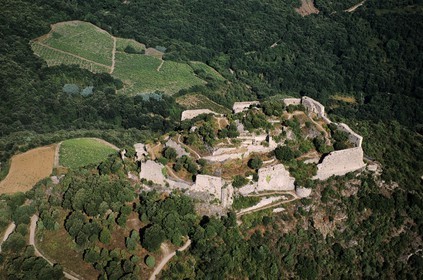 France, Aude (11), ruines du château cathare d'Aguillar dominant les vignes de Tuchan dans les Corbières (vue aérienne)