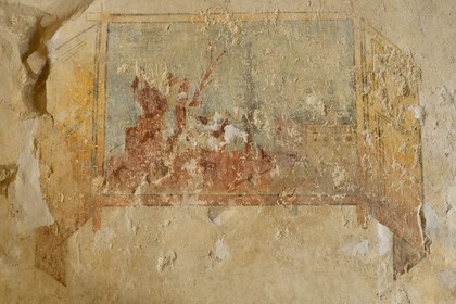 Israel, West Bank, Herodium or Herodion is a volcano-like hill with a truncated cone with a a fortress and palace build by Herod the Great (Herodion National Park), the Royal Box at King Herod's Theater excavations were conducted by Prof. Ehud Netzer and now by Yakov Kalman, frescoes