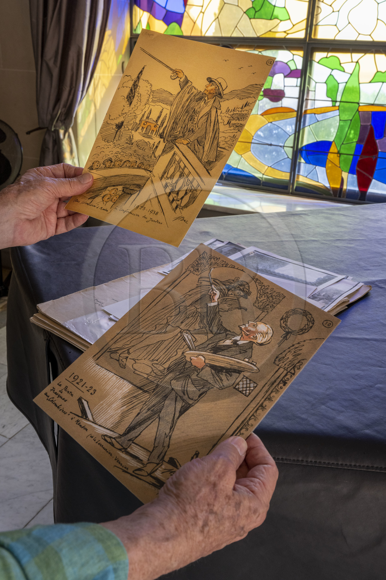 France, Alpes-Maritimes, Menton, Domaine des Colombieres, drawings representing Ferdinand Bac who designed and created most of the estate