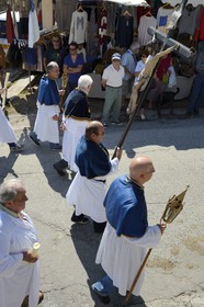 France, Haute Corse, Niolu (Niolo) region, Casamaccioli, la Santa di Niolu religious festivity to celebrate the Nativity of the Virgin, procession of religious brotherhoods members