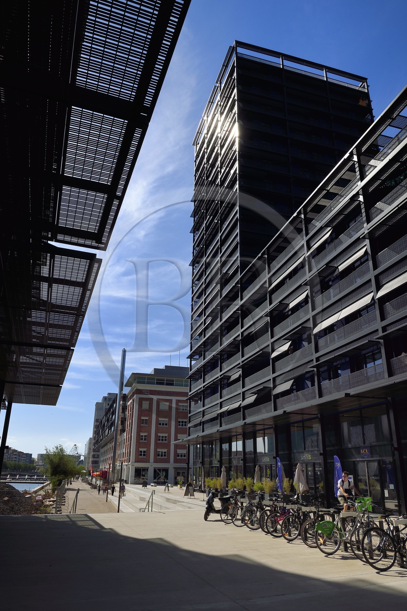 France, Bas-Rhin (67), Strasbourg, amenagement du port du Rhin et reconversion du mole du Bassin d'Austerlitz, presqu'ile Malraux, immeubles les Black Swans par l’architecte Anne Demians