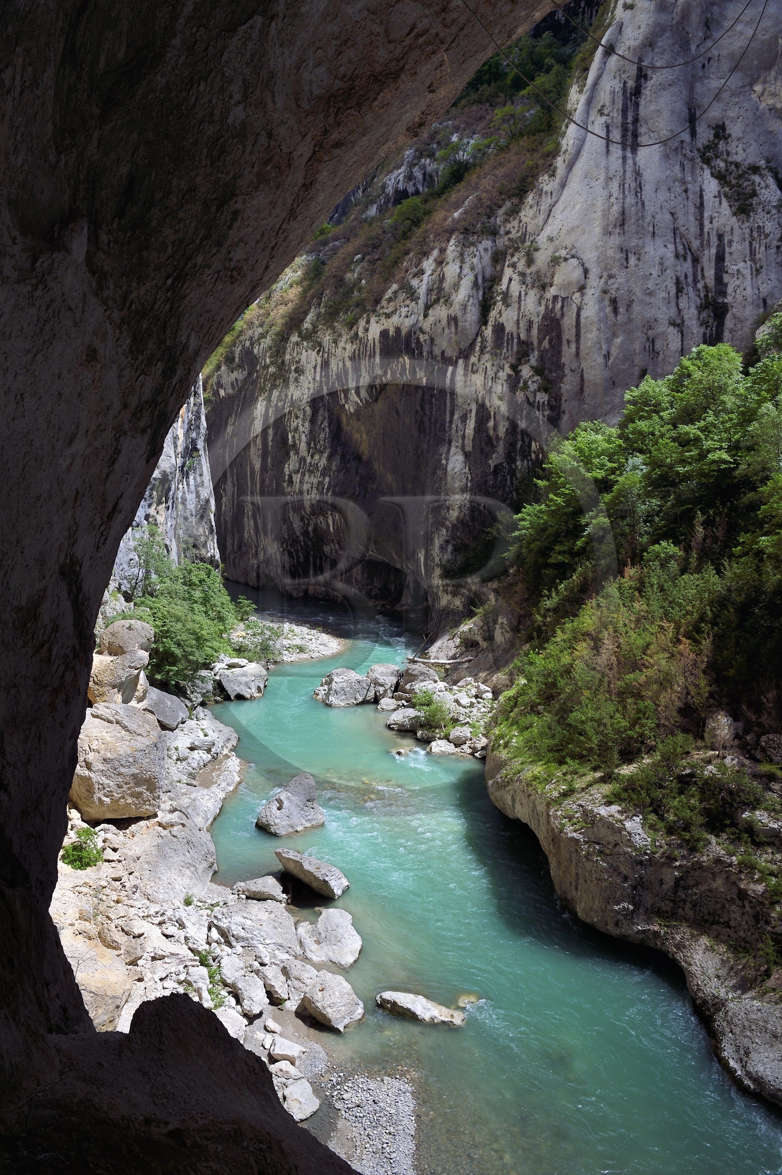 France, Alpes-de-Haute-Provence (04), Parc Naturel Régional du Verdon, Rougon, Grand Canyon du Verdon, la rivière du Verdon dans le couloir Samson, vu depuis le sentier Blanc-Martel sur le GR4