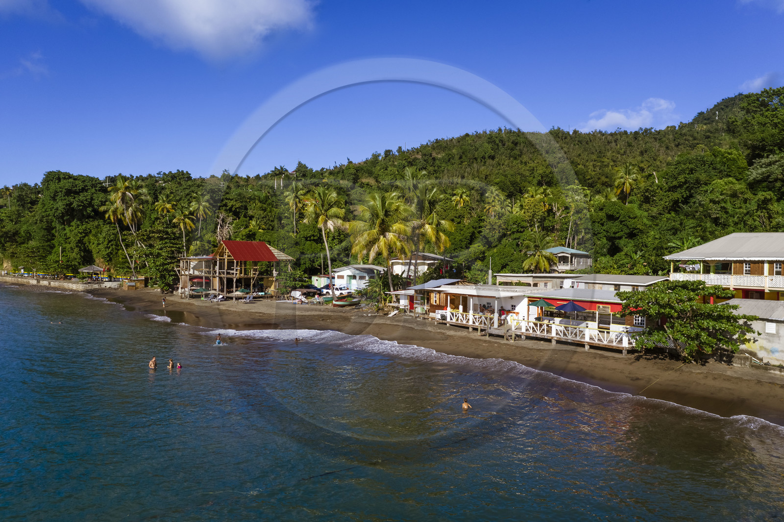 Caribbean, Dominica Island, beach of Toucari Bay north of Portsmouth (aerial view)