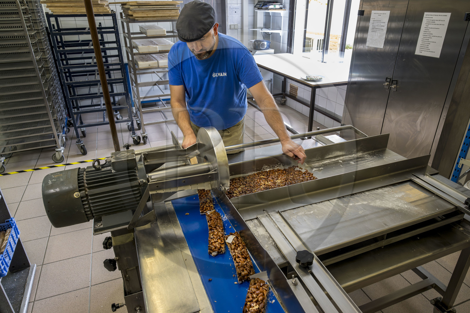 France, Vaucluse, Saint Didier, In the Nougats Silvain workshop,  nougat makers peasant, Charles-Henri Bagnol makes a slab of black nougat, cutting nougat plates