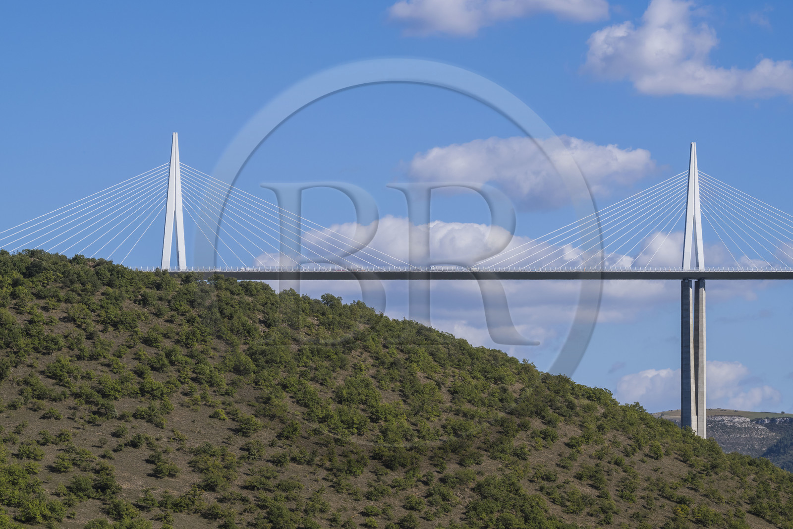 France, Aveyron (12), parc naturel régional des Grands Causses, Peyre, le viaduc de Millau des architectes Michel Virlogeux et Norman Foster, au dessus du Tarn