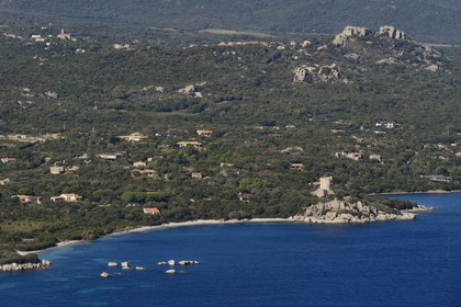 France, Corse du Sud, Pianottoli-Caldarello, Caldarello genoese tower (aerial view)