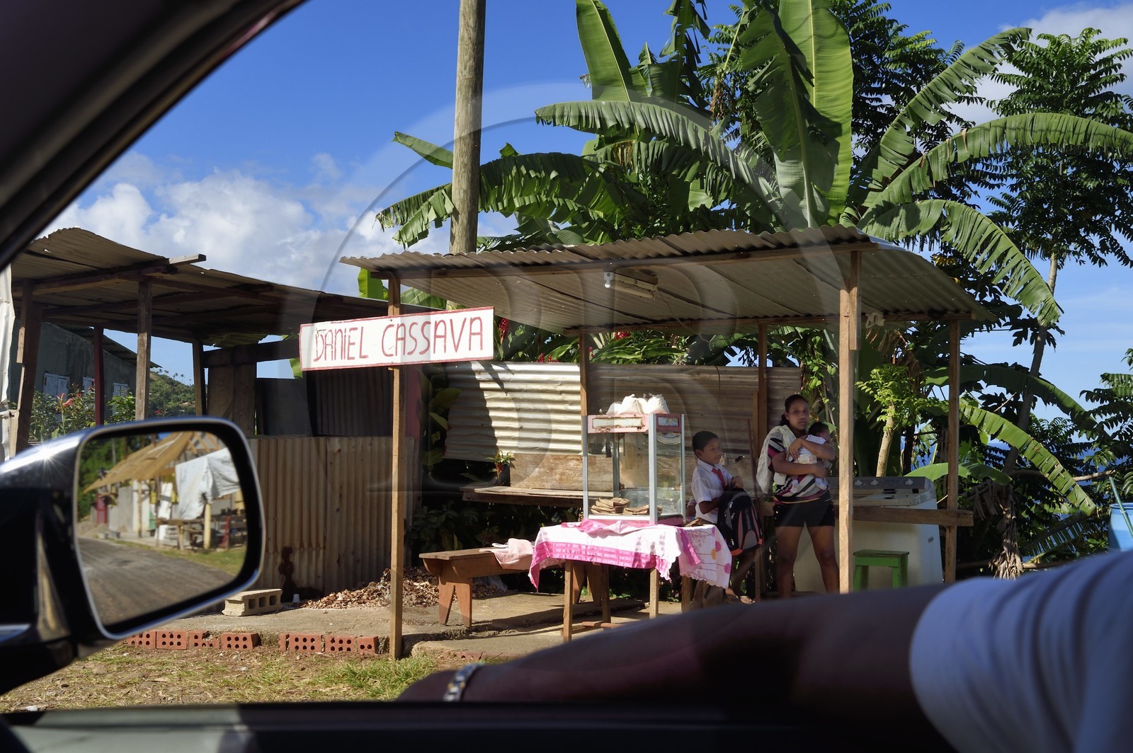 Caraïbes, Ile de la Dominique, Salybia, Territoire Kalinago unique réserve amérindienne de l'archipel des Antilles, petit commerce amérindien en bordure de route