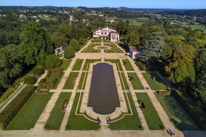 France, Pyrenees Atlantiques, Basque Country, Cambo les Bains, the Villa Arnaga and its French-style garden, the French author Edmond Rostand's house of neo-basque style and museum (aerial view)