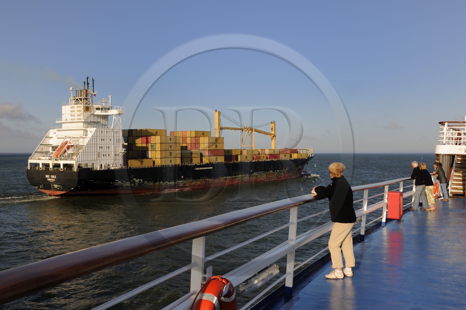 Canada, province de Québec, le fleuve Saint-Laurent à Trois-Rivières depuis le pont supérieur du bateau de croisière Princess Danaé, cargo porte containers