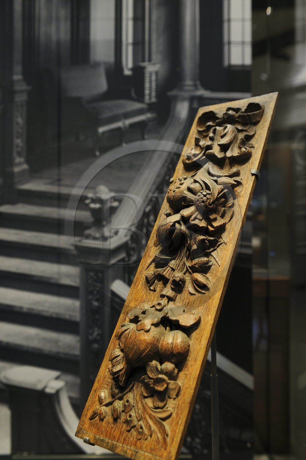United Kingdom, Northern Ireland, Cultra near Belfast, Ulster Folk and Transport Museum, carved oak panel of the Grand Staircase from the RMS Olympic (RMS Titanic sister ship)