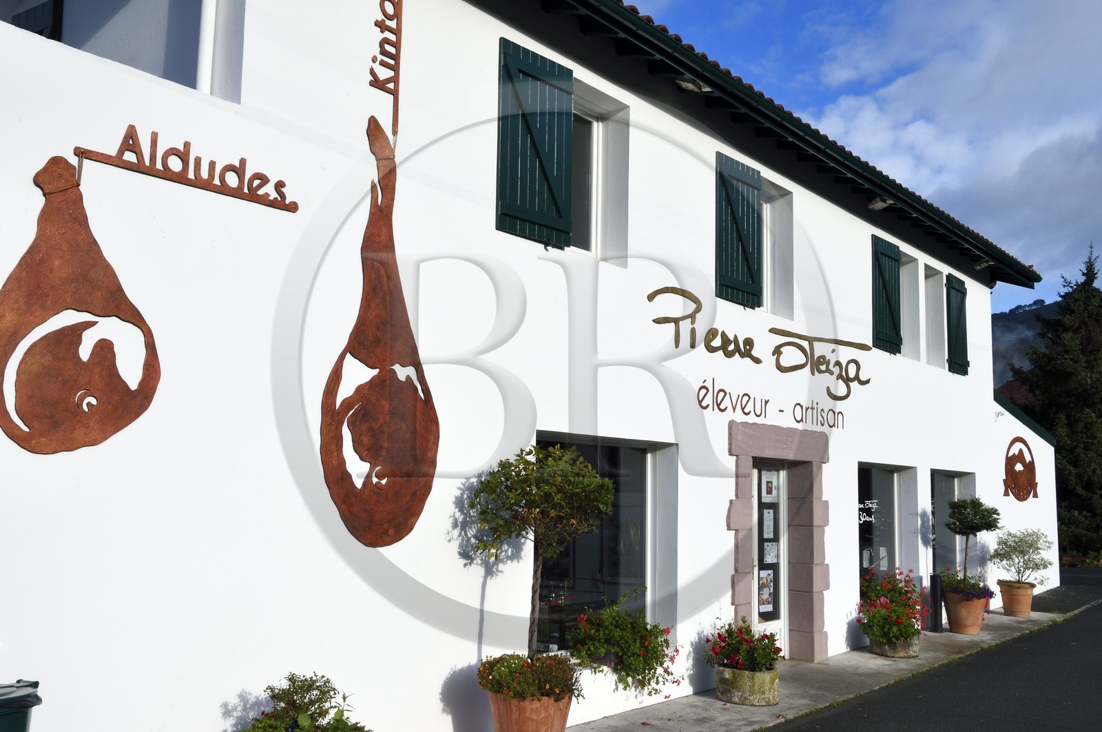 France, Pyrénées-Atlantiques (64), Pays-Basque, vallée des Aldudes, élevage Pierre Oteiza de porcs basques de race pie noir et vente de jambon