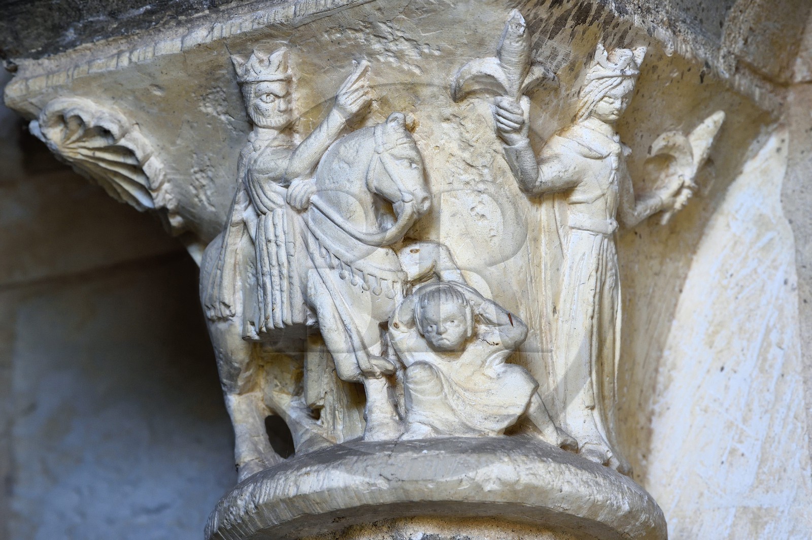 France, Seine-Maritime (76), Saint-Martin-de-Boscherville, Abbaye Saint-Georges de Boscherville du XIIe siècle, chapiteau historié de la salle capitulaire (salle du chapitre)