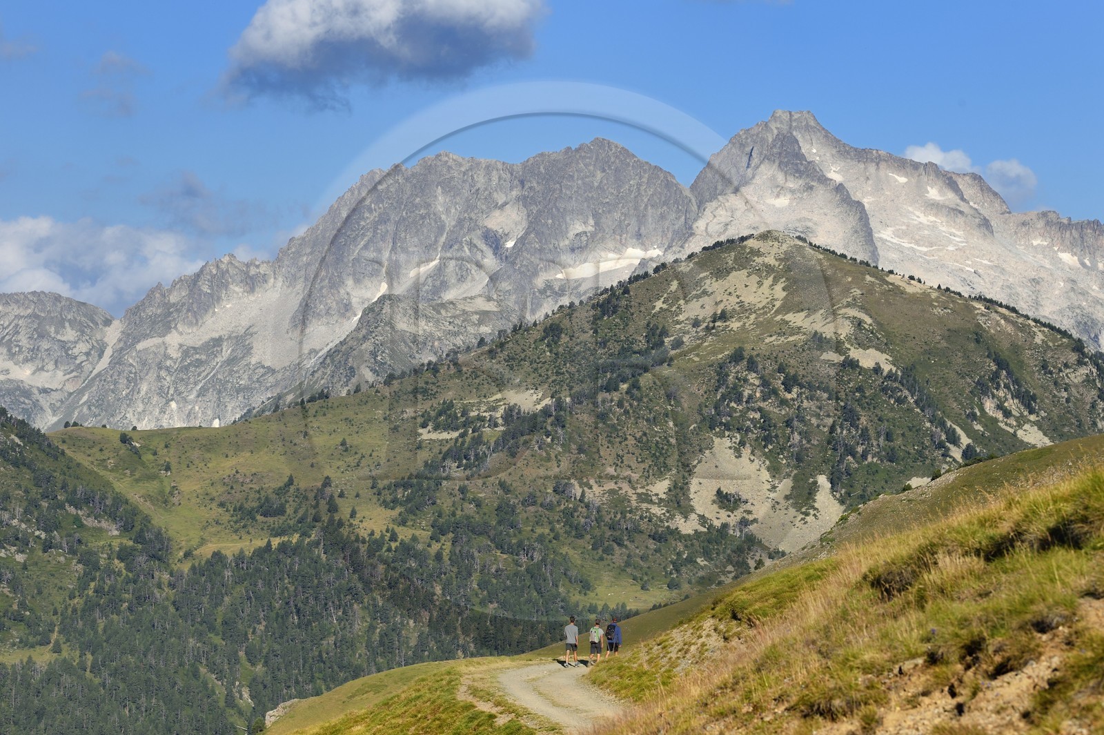 France, Hautes-Pyrénées (65), Saint-Lary-Soulan et Vielle-Aure, randonnée sur une variante du GR10 entre le col de Portet et les lacs de Bastan en bordure de la réserve naturelle de Néouvielle en arrière plan
