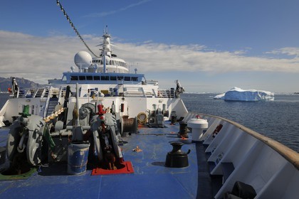 Groenland, fjord de Nanortalik, le bateau de croisière le Princess Danané progressant entre les icebergs