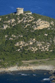 France, Corse du Sud, south of Propriano, Campomoro pointe, Campomoro tower (aerial view)
