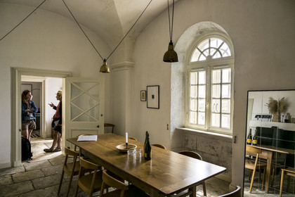 France, Finistère, Abers Country (Pays des Abers), Virgin Island, the Virgin Island lighthouse, the old lighthouse from 1845 transformed into an eco-lodge in the former guards' accommodation, dining room
