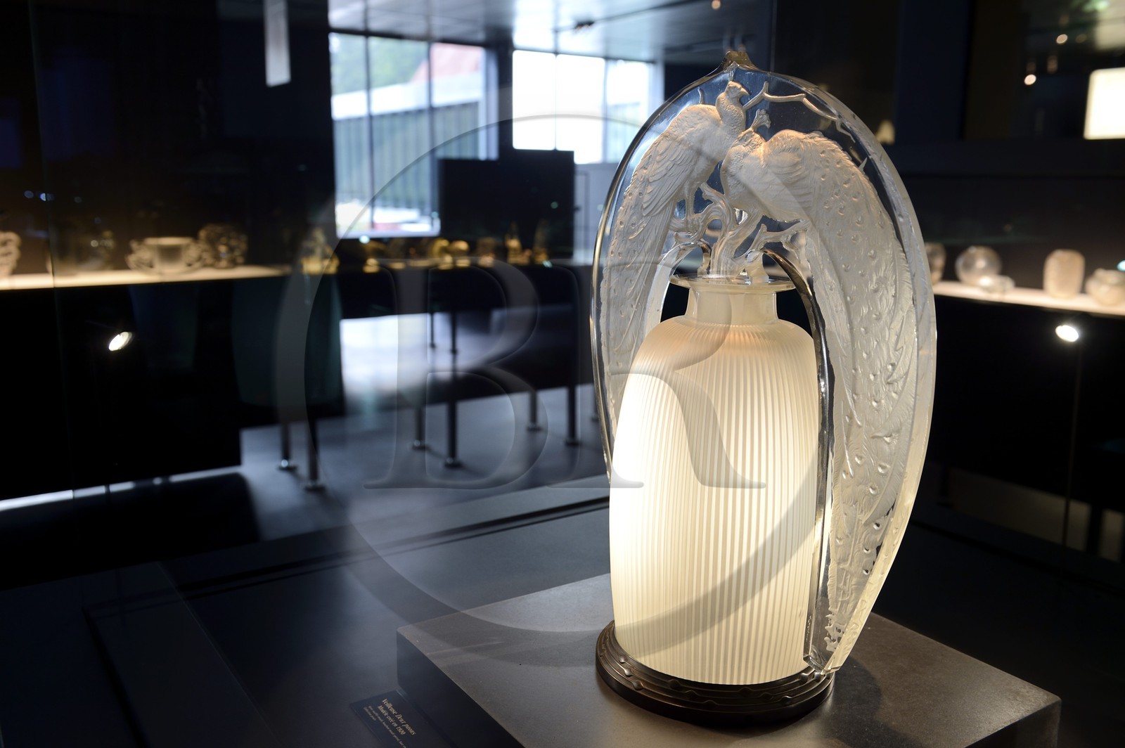 France, Bas-Rhin, Wingen-sur-Moder, Lalique museum, Night light Two Peacocks, model from 1920 molded blown glass