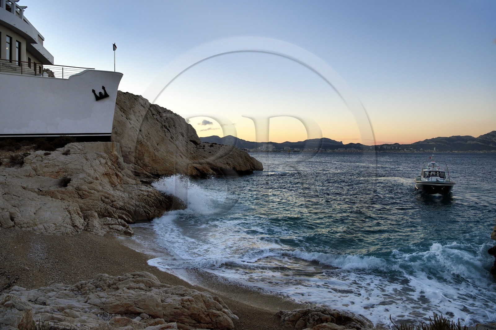 France, Bouches du Rhone, Marseille, Calanques National Park, archipelago of Frioul islands, Ratonneau island, pilot boat infront the base of the maritime pilots