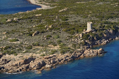 France, Corse du Sud, Monacia-d'Aullene, Olmeto genoese tower (aerial view)
