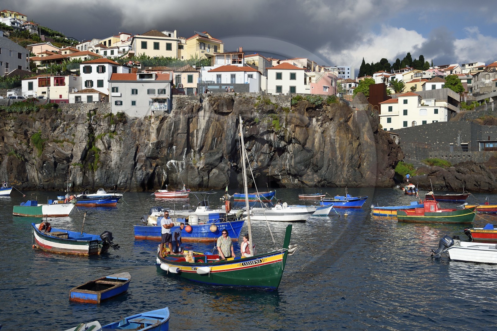 Portugal, Madeira Island, port of the fishing village of Camara de Lobos in former lava flows