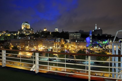 Canada, Quebec Province, Quebec City, Old Town listed as World Heritage by UNESCO, Chateau Frontenac seen from the harbour over Saint Lawrence River and the Civilisation Museum dominated by the Seminar