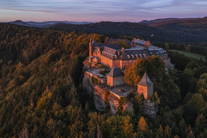 France, Bas Rhin, Mont Saint Odile, Mont Sainte-Odile Abbey also known as Hohenburg Abbey, statue of Saint Odile placed on the roof of the convent and facing the plain of Alsace (aerial view)